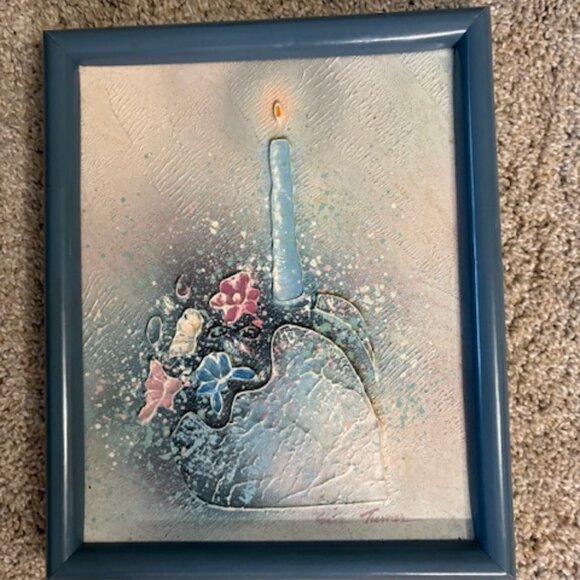 TEXTURED HEART/FLORAL/CANDLE OIL PAINTING IN DUSTY BLUE FRAME. 11X9" - Picture 1 of 2